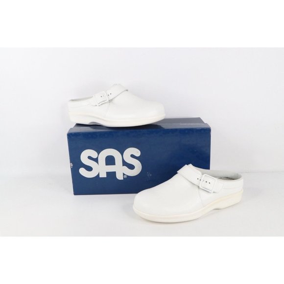 New SAS San Antonio Shoemakers Womens 7.5 W Leather Buckle Clogs Shoes White USA